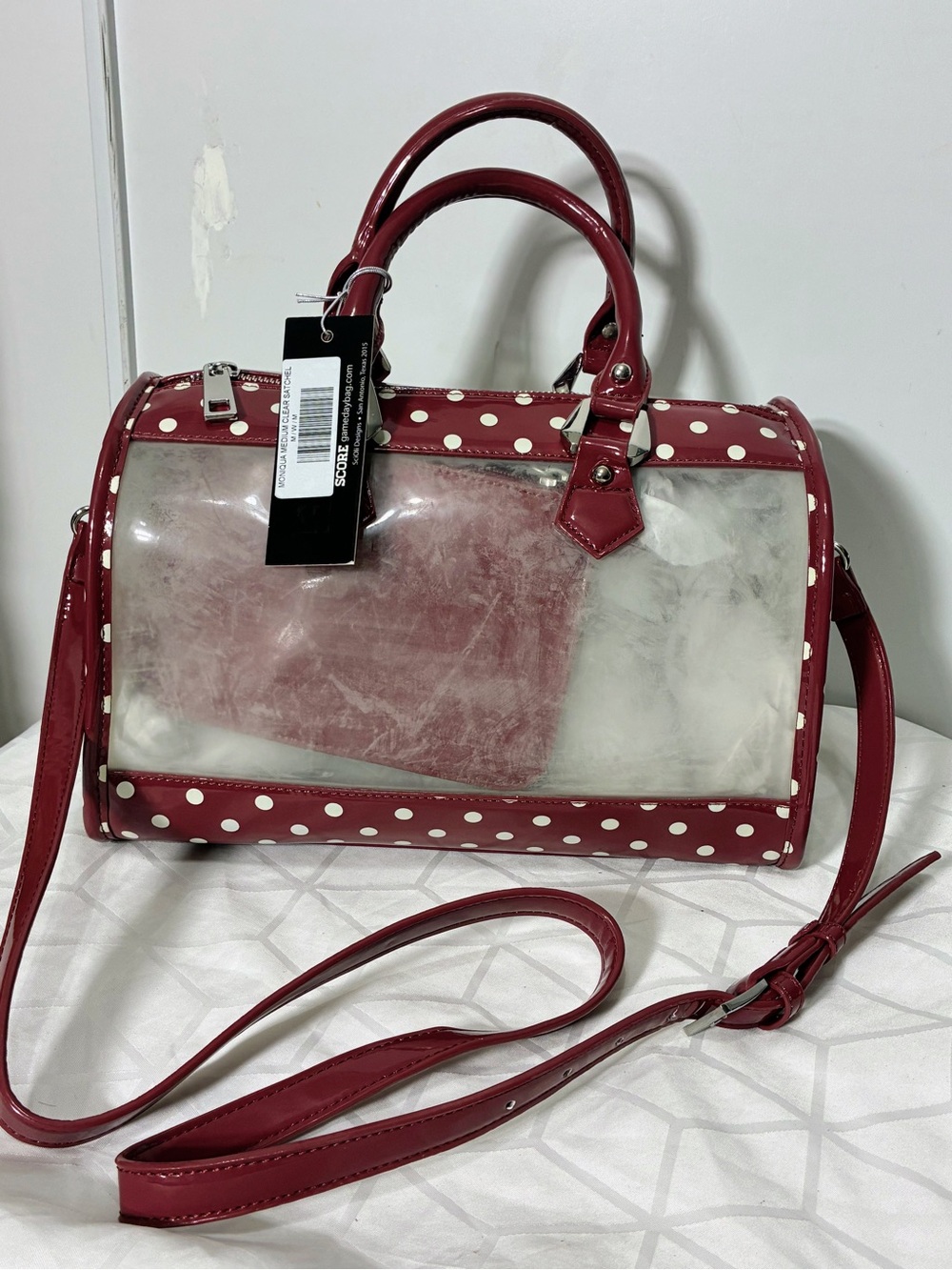 Score Game Day Bag NWT. Dustbag, charm, NOS, maroon white - Picture 2 of 12